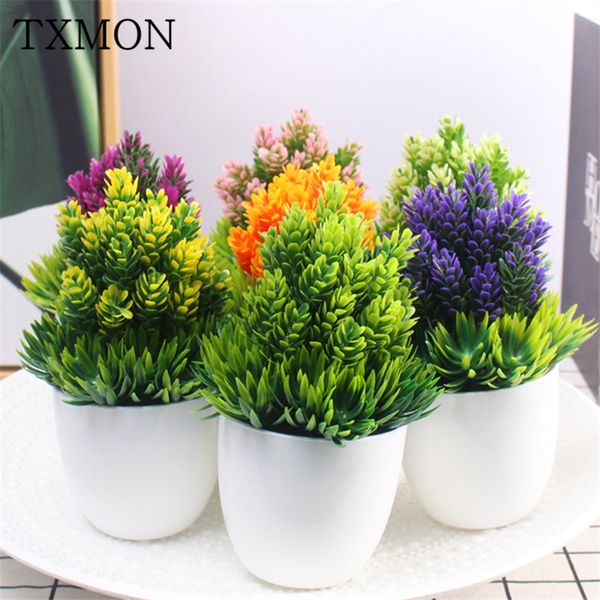 7 colors artificial pine needles flowers mini plant bosai plastic decoration plant vase for home office decor flower set 1pc